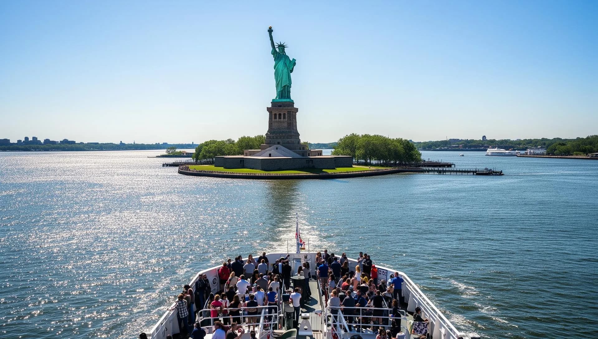 Ferry approaching Liberty Island with tourists