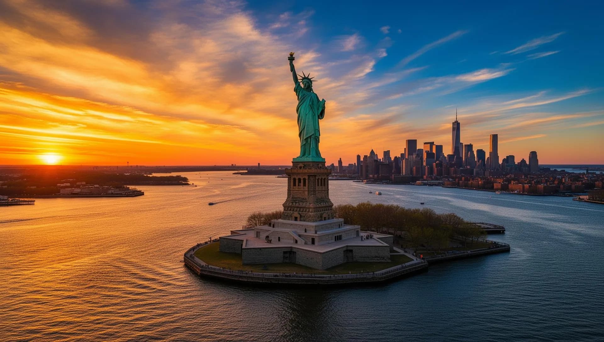 Statue of Liberty at sunset with Manhattan skyline